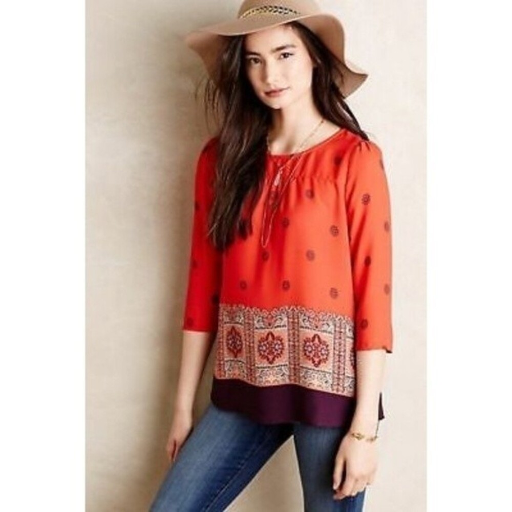 Anthropologie Maeve Rila Bordered Boho Orange Top